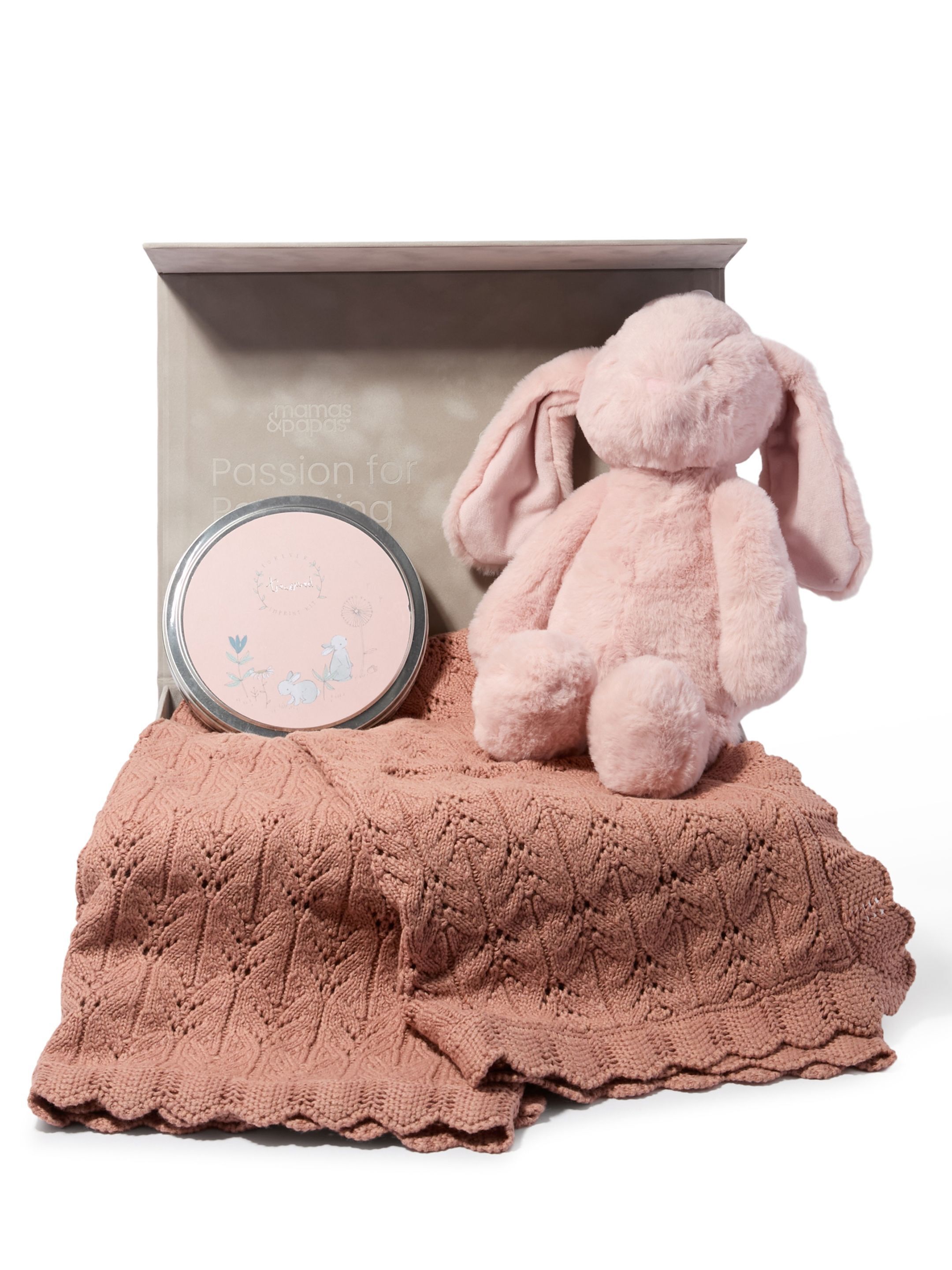 Keepsake Gift Set - Wildflower Knitted Blanket with Pink Bunny Soft Toy & Pink Imprint Tin